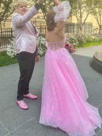 Pink Star Strapless Puff Sleeve Corset Tulle Prom Dress