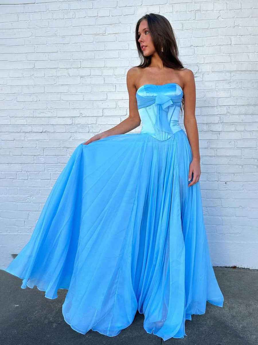 Pink Strapless A Line Corset Bodice Prom Dress With Bow