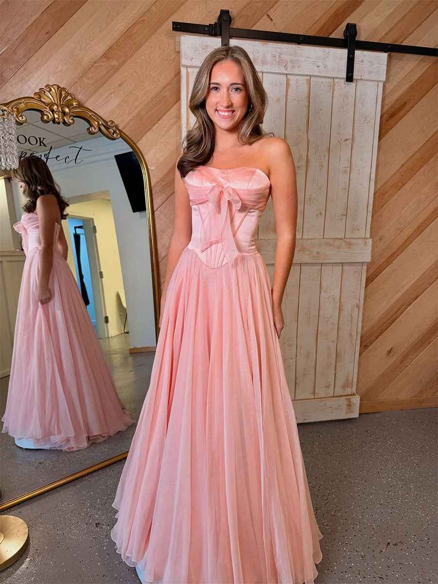 Pink Strapless A Line Corset Bodice Prom Dress With Bow