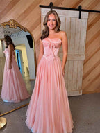 Pink Strapless A Line Corset Bodice Prom Dress With Bow