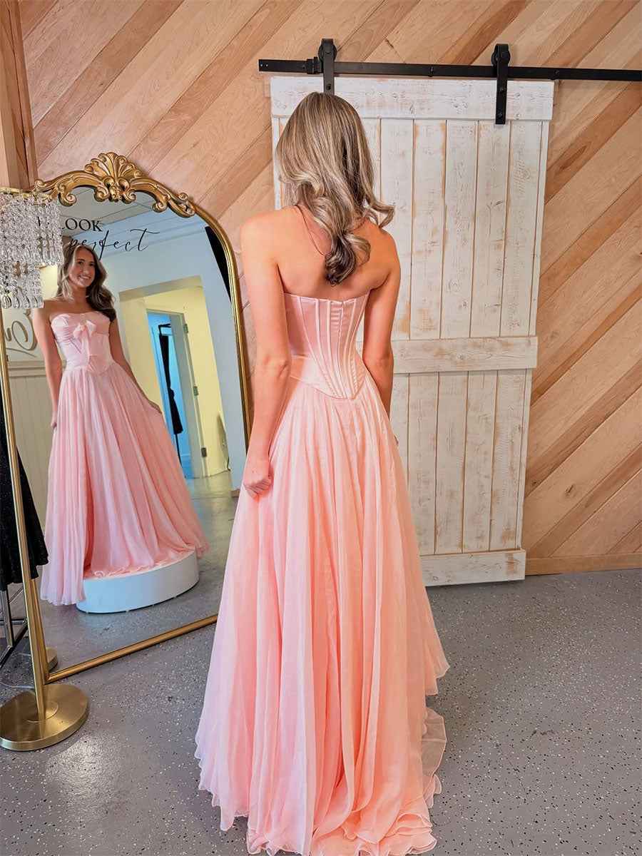 Pink Strapless A Line Corset Bodice Prom Dress With Bow