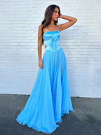 Pink Strapless A Line Corset Bodice Prom Dress With Bow
