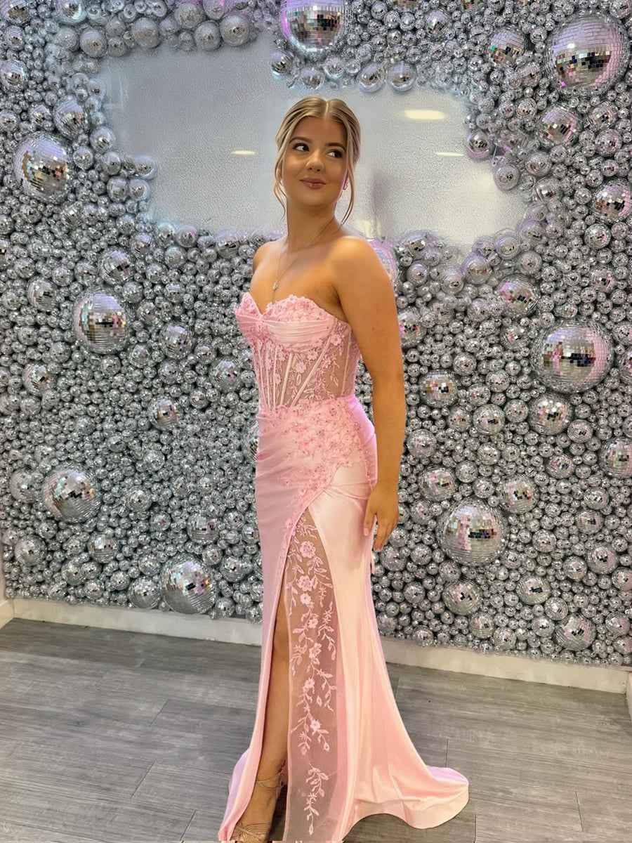 Blush Pink Strapless Corset Prom Dress With Floral Lace Appliques And High Slit