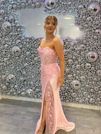 Blush Pink Strapless Corset Prom Dress With Floral Lace Appliques And High Slit