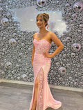 Blush Pink Strapless Corset Prom Dress With Floral Lace Appliques And High Slit