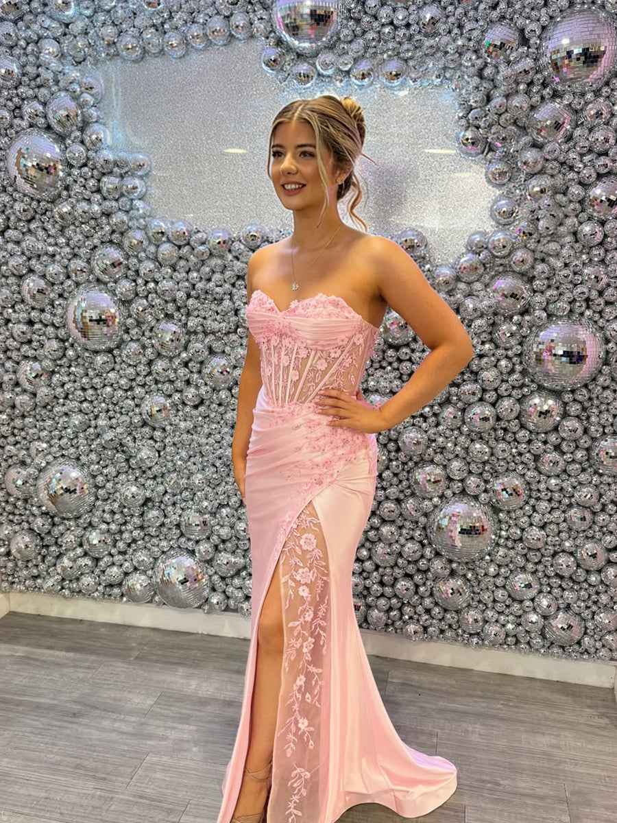 Blush Pink Strapless Corset Prom Dress With Floral Lace Appliques And High Slit