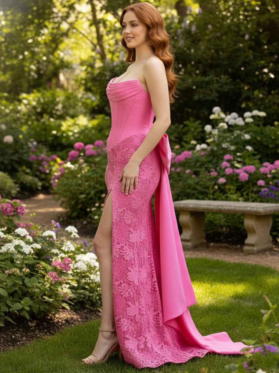 Pink Strapless Floral Lace Satin Corset Prom Dress