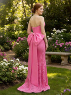 Pink Strapless Floral Lace Satin Corset Prom Dress
