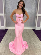 Pink Strapless Mermaid Prom Dress With Double Keyholes
