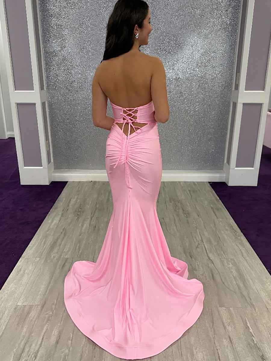 Pink Strapless Mermaid Prom Dress With Double Keyholes