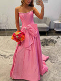 Pink Satin Ball Gown Corset Dress With Pearl Neckline And Bow