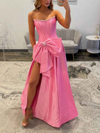 Pink Satin Ball Gown Corset Dress With Pearl Neckline And Bow