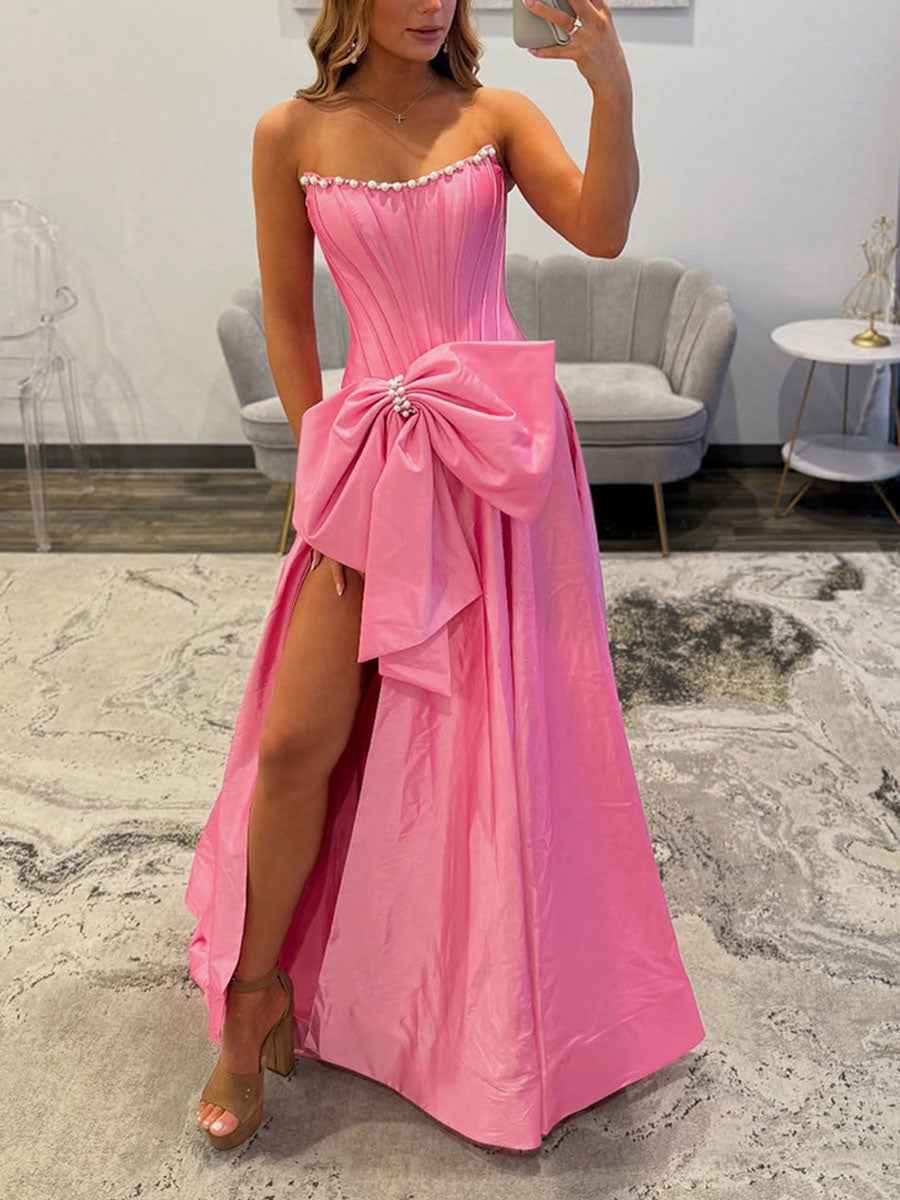 Pink Satin Ball Gown Corset Dress With Pearl Neckline And Bow