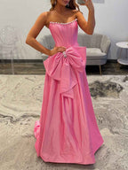 Pink Satin Ball Gown Corset Dress With Pearl Neckline And Bow