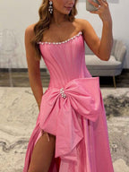 Pink Satin Ball Gown Corset Dress With Pearl Neckline And Bow
