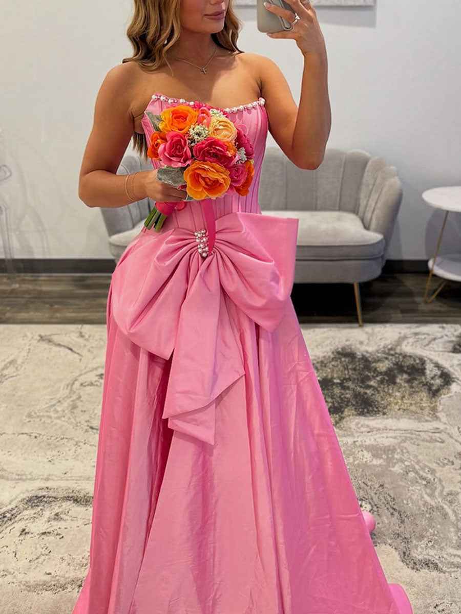 Pink Satin Ball Gown Corset Dress With Pearl Neckline And Bow