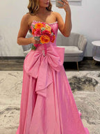 Pink Satin Ball Gown Corset Dress With Pearl Neckline And Bow