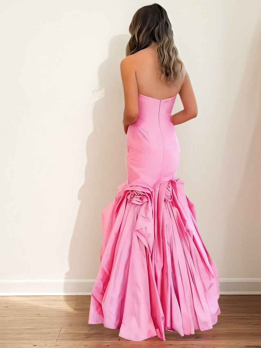 Pink Mermaid Prom Dress Strapless Satin With 3D Rosettes