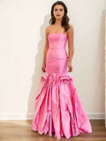 Pink Mermaid Prom Dress Strapless Satin With 3D Rosettes