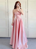 Rose Pink Strapless Satin A Line Prom Dress Fold Over Neckline