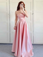Rose Pink Strapless Satin A Line Prom Dress Fold Over Neckline