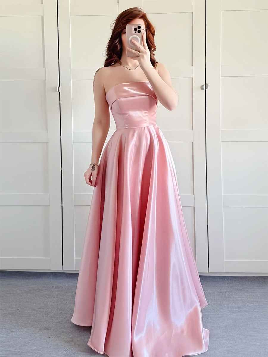 Rose Pink Strapless Satin A Line Prom Dress Fold Over Neckline