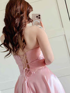 Rose Pink Strapless Satin A Line Prom Dress Fold Over Neckline
