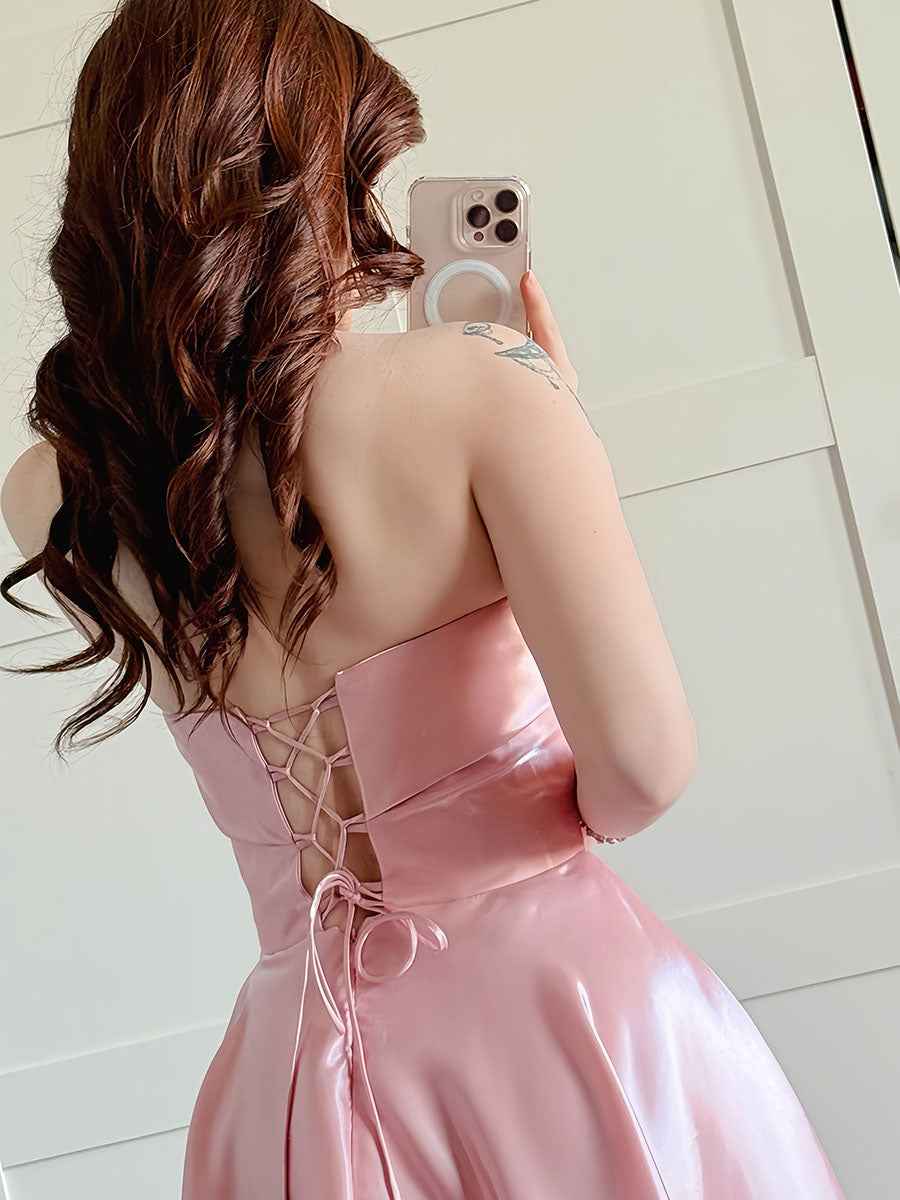 Rose Pink Strapless Satin A Line Prom Dress Fold Over Neckline