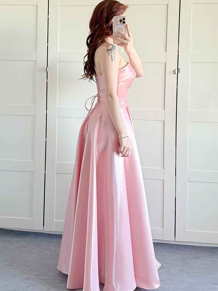 Rose Pink Strapless Satin A Line Prom Dress Fold Over Neckline