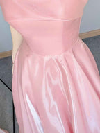 Rose Pink Strapless Satin A Line Prom Dress Fold Over Neckline