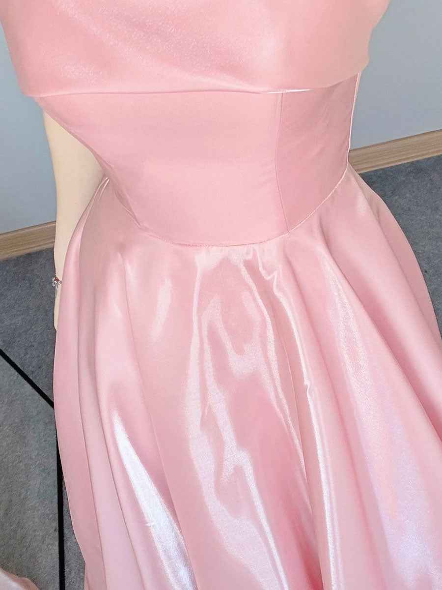 Rose Pink Strapless Satin A Line Prom Dress Fold Over Neckline