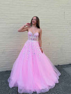 Pink Strapless Sequin Corset Long Prom Dress With Appliques