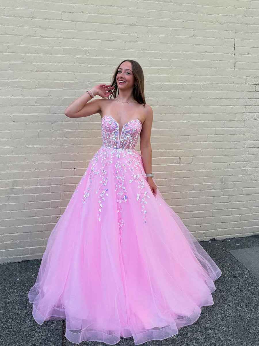 Pink Strapless Sequin Corset Long Prom Dress With Appliques