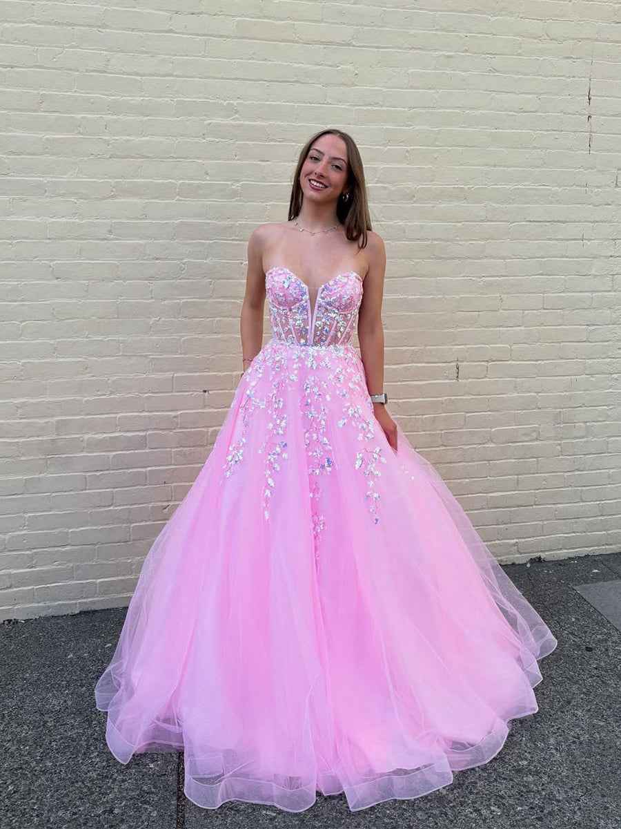 Pink Strapless Sequin Corset Long Prom Dress With Appliques