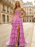 Pink Strapless Tiered Ruffle Prom Dress With Crystal Neckline