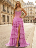 Pink Strapless Tiered Ruffle Prom Dress With Crystal Neckline