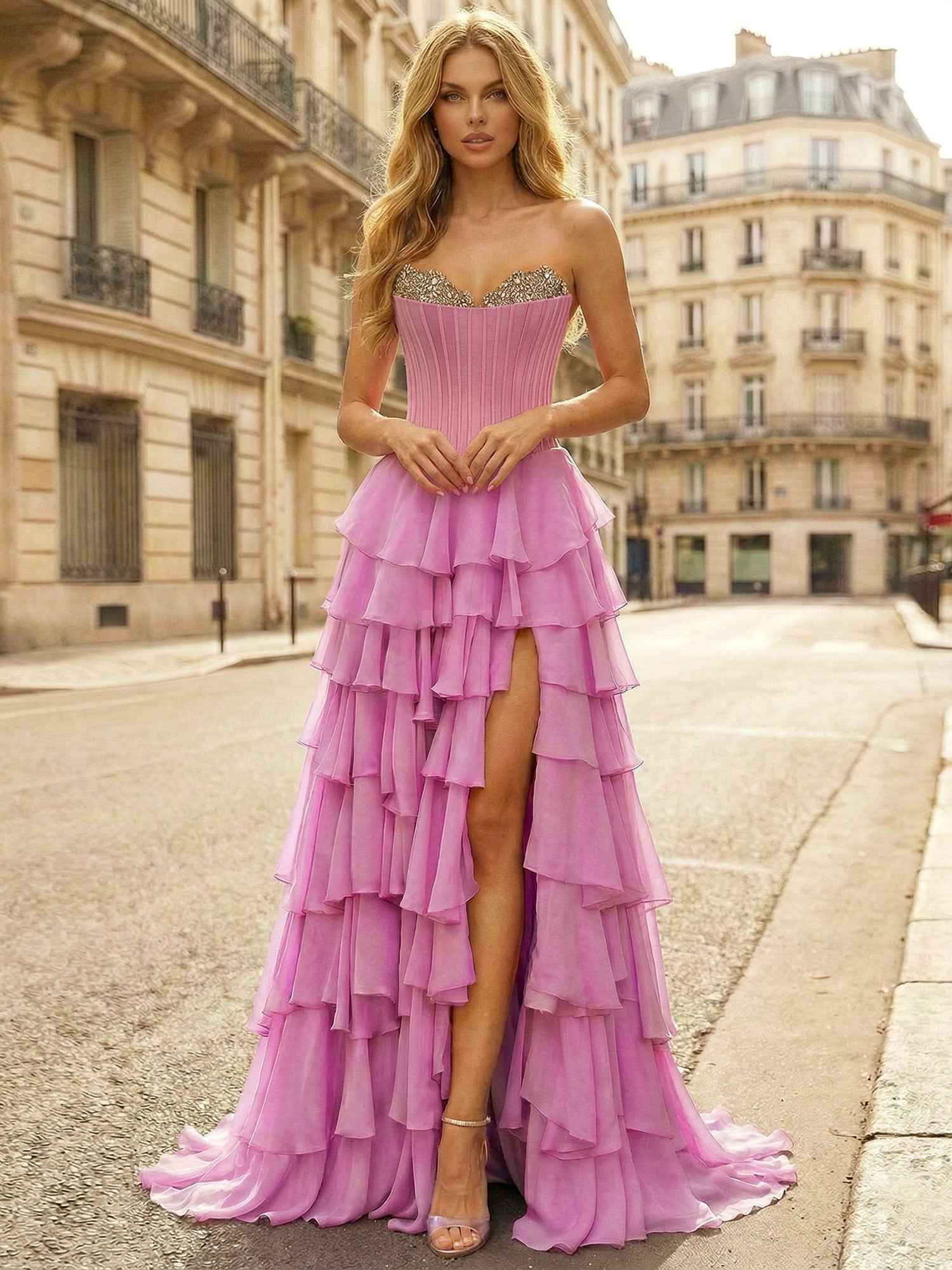 Pink Strapless Tiered Ruffle Prom Dress With Crystal Neckline