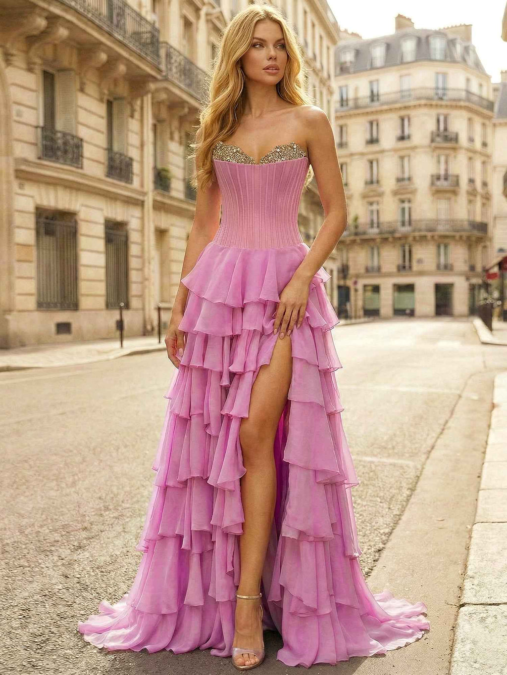 Pink Strapless Tiered Ruffle Prom Dress With Crystal Neckline