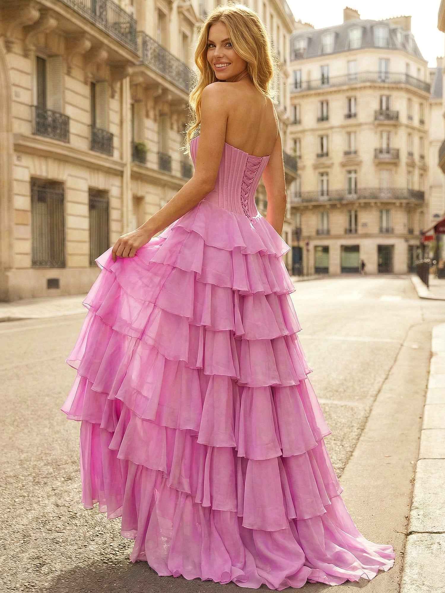 Pink Strapless Tiered Ruffle Prom Dress With Crystal Neckline