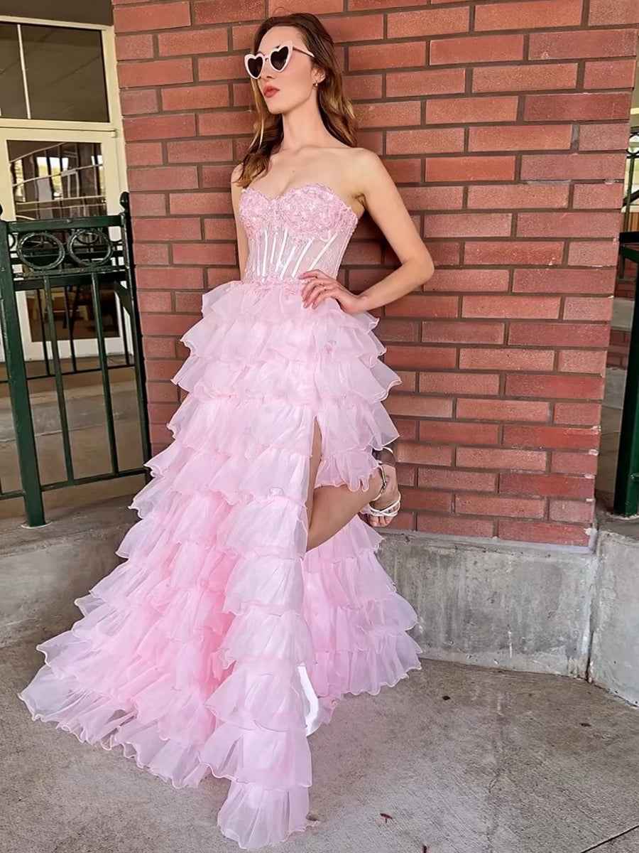 Pink Strapless Corset Prom Dress With Tiered Ruffles Lace Applique