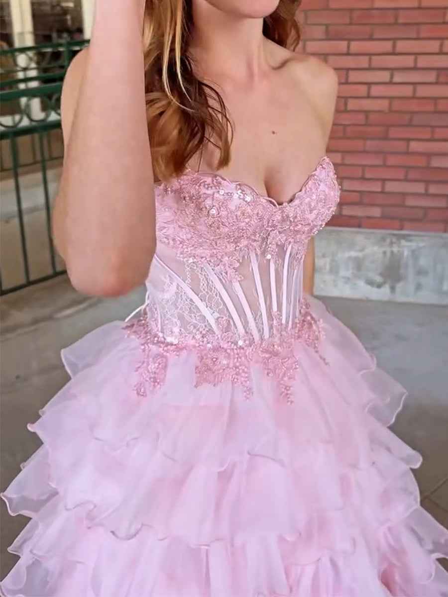 Pink Strapless Corset Prom Dress With Tiered Ruffles Lace Applique
