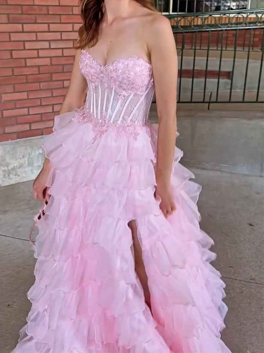 Pink Strapless Corset Prom Dress With Tiered Ruffles Lace Applique