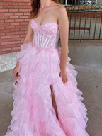Pink Strapless Corset Prom Dress With Tiered Ruffles Lace Applique