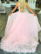 Pink Strapless Ruffled Tulle Corset Prom Bodice Ball Gown