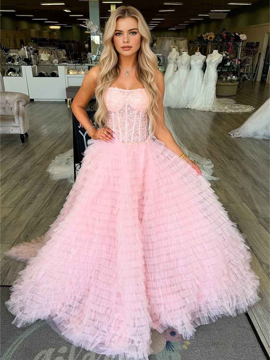 Pink Strapless Ruffled Tulle Corset Prom Bodice Ball Gown