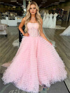Pink Strapless Ruffled Tulle Corset Prom Bodice Ball Gown