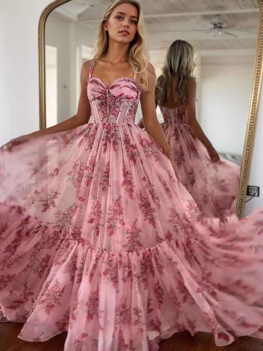 Elegant Pink Floral Chiffon A Line Long Sweetheart Prom Dress With Bow