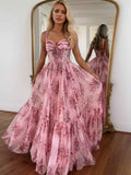 Elegant Pink Floral Chiffon A Line Long Sweetheart Prom Dress With Bow