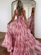 Elegant Pink Floral Chiffon A Line Long Sweetheart Prom Dress With Bow