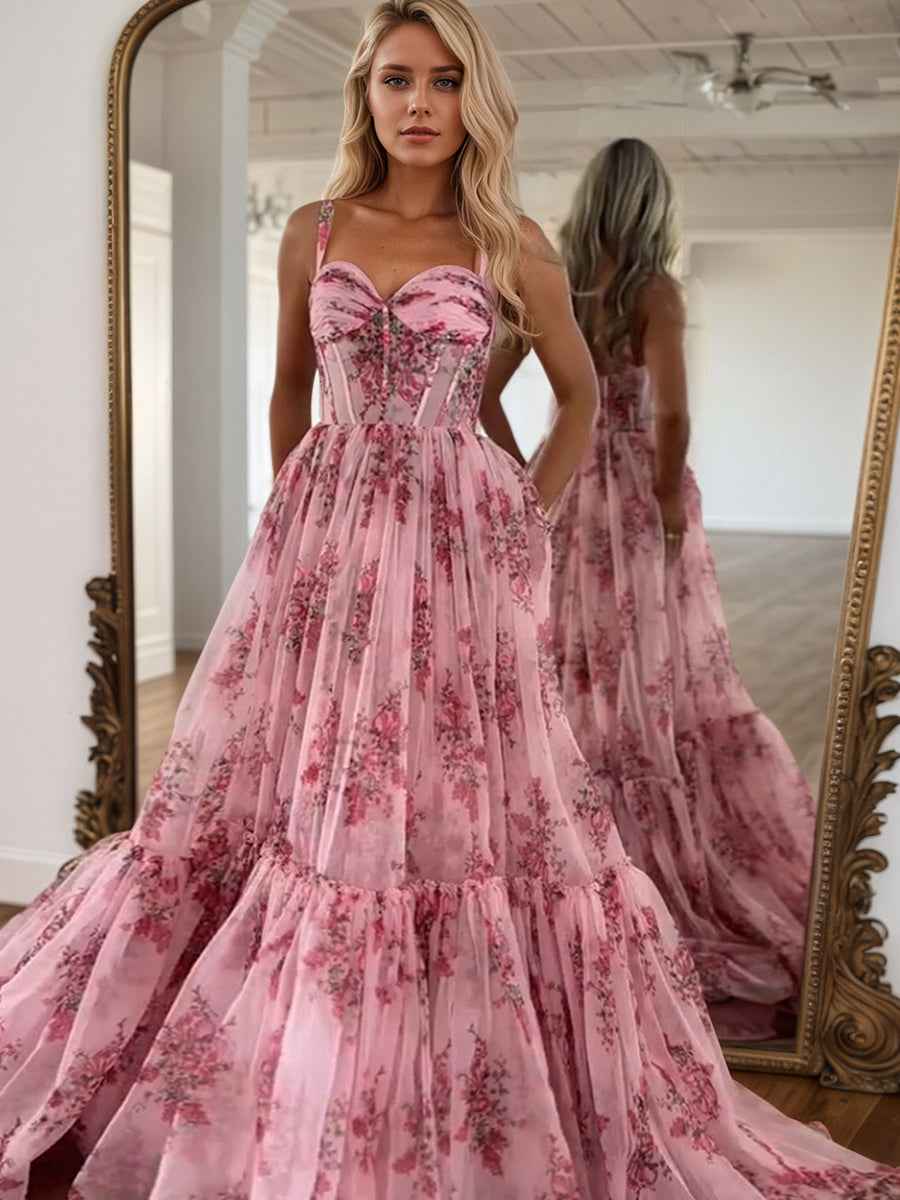 Elegant Pink Floral Chiffon A Line Long Sweetheart Prom Dress With Bow